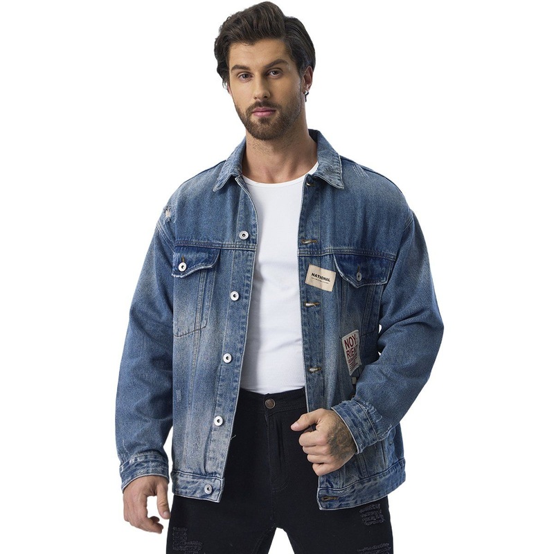 Custom Medium Blue Ripped Design Collar Down Men Denim Jackets – Men Denim Jackets and Man Jacket price