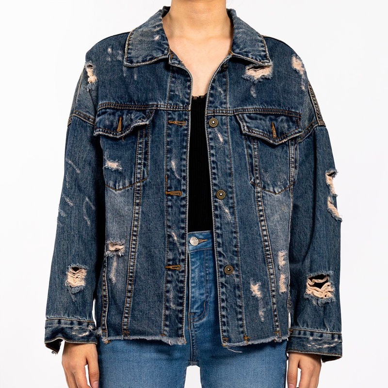 Custom Vintage Ripped Raw Edge Casual Long Sleeve Denim Jacket for Women – Womens Denim Jacket and Long Jackets price