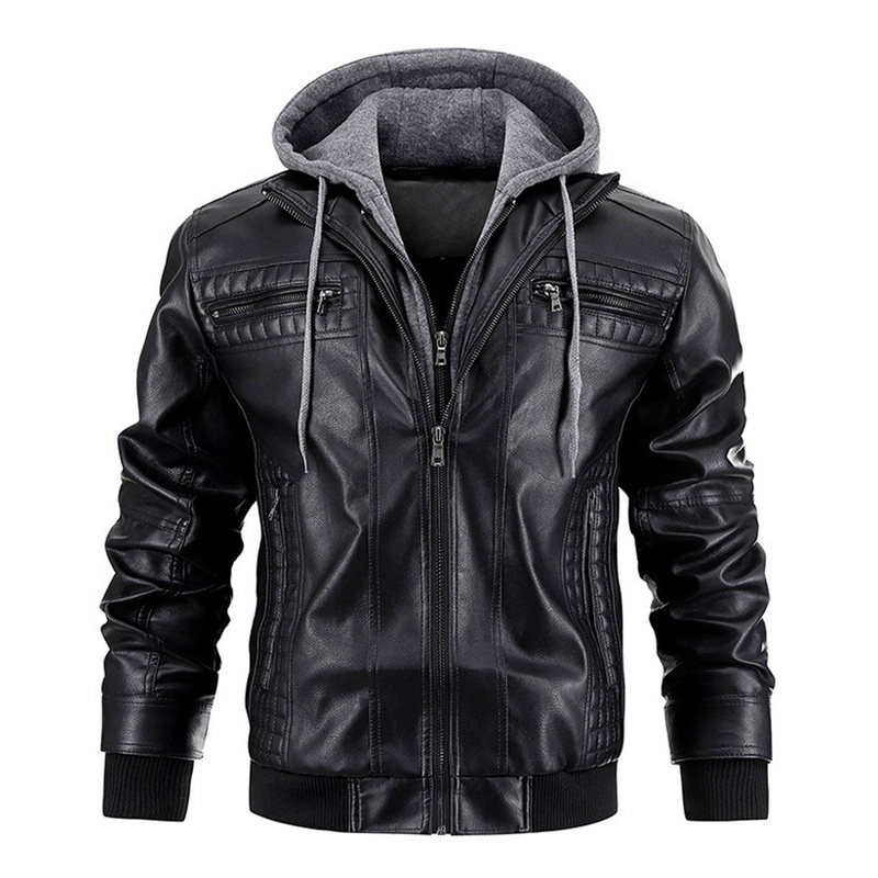 Mens Two-Tone PU Leather Jacket Streetwear Hooded OEM – Mens Leather Jacket and PU Jacket price