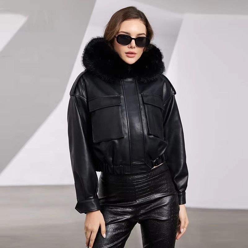 New Fashion Detachable Hooded Fur Splicing Lining Winter Short PU Leather Cotton-Padded Jacket – PU Leather Jacket and Leather Jacket Woman price