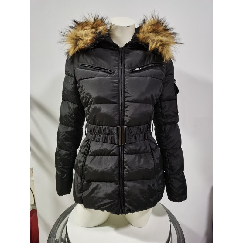 Women Fashion Black Belted Quilted Fur Hood Puffer Jacket – Womens Puffer Jacket and Custom Puffer Jacket price