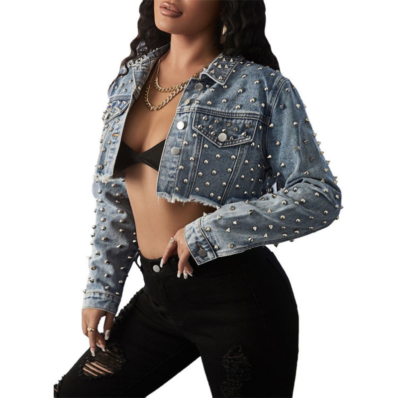 Womens Light Wash Studded Cropped Denim Jacket with Button Front – Customized Jacket and Womens Jacket price