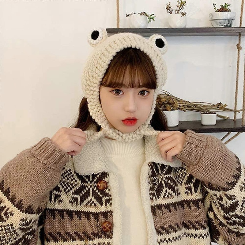 Frog Hat Crochet Knitted Hat Outdoors Autumn Big Eye Frog Knitted Winter Cute Ear Protective Beanie Hats Knitted Caps(Beige) Beige – | Fruugo SG