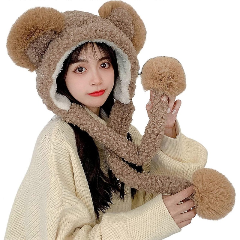 Kawaii Women Beanie Hat Teddy Bear Ears Knit Scarf Neck Warmer Gaiter Winter Japanese Faux Fur Pom Pom Fleece Warm Cute Hood Brown – | Fruugo SG