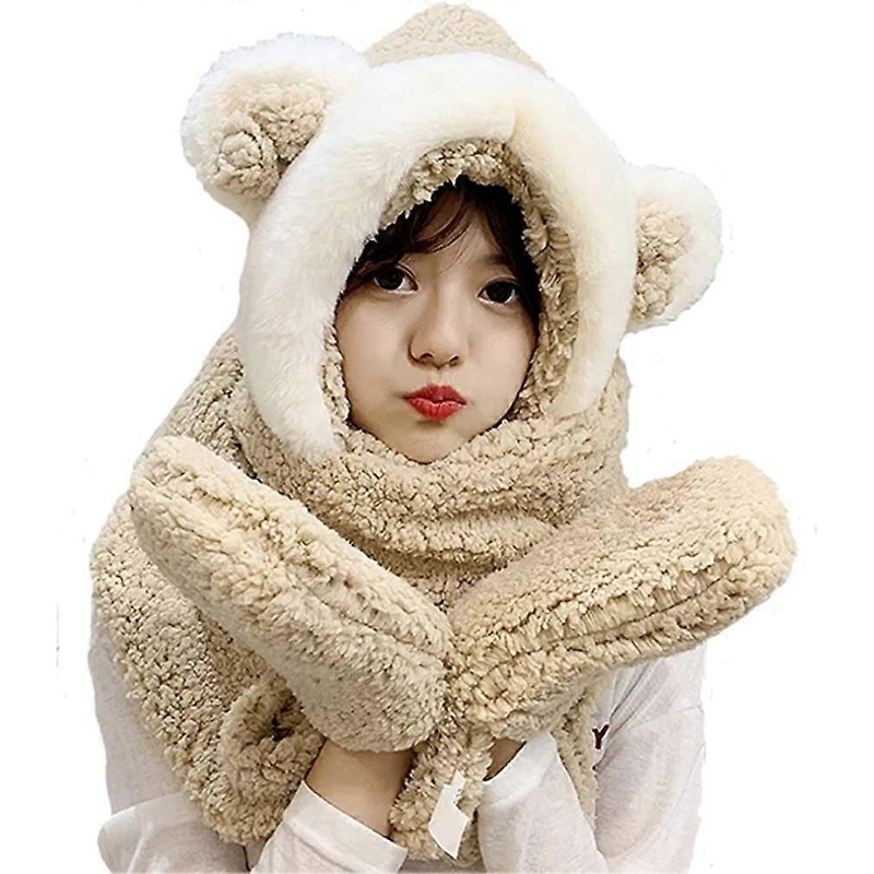 Tonwhar Womens Cute Winter Thick Warm Long Hooded Scarf with Mittens Bear-beige – | Fruugo SG