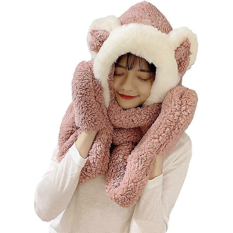 Tonwhar Womens Cute Winter Thick Warm Long Hooded Scarf with Mittens Bear-rubber Pink – | Fruugo SG