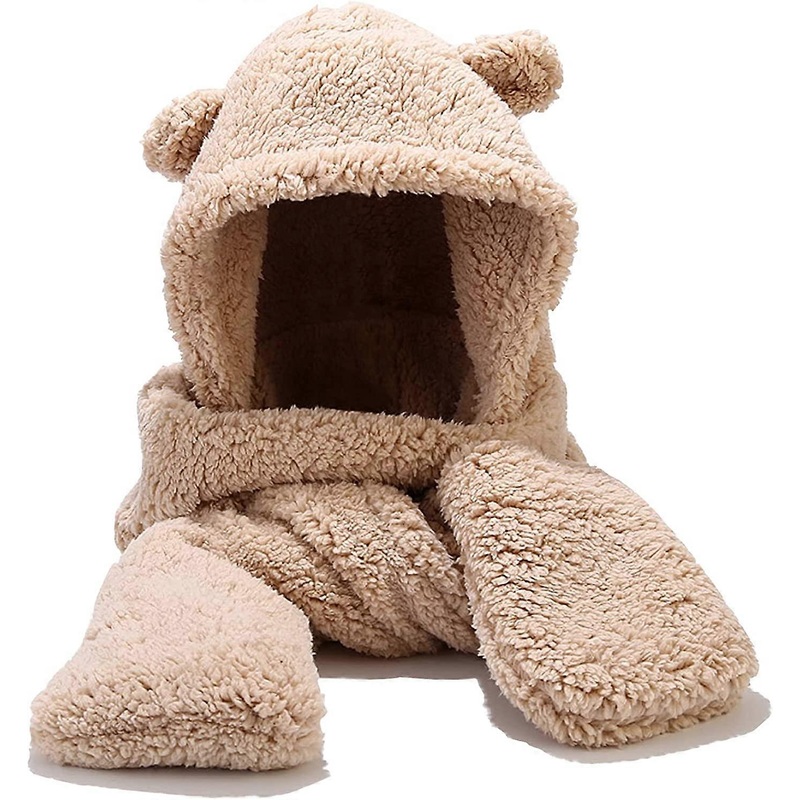 Winter Faux Fur Hood Hat Scarf and Gloves 3 in 1 Hooded Scarf for Women Men Ear Khaki – | Fruugo SG