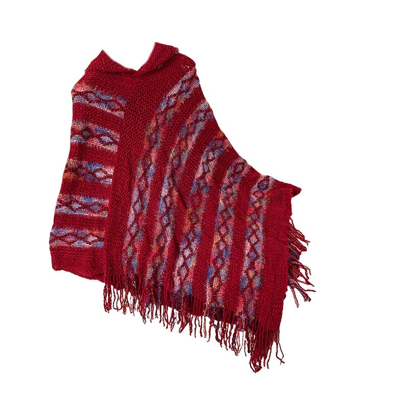 Fashionable Women’s Hooded Striped Knit Shawl Wrap with Fringes Tassels Pullover Ponchos Capes Sweater for Winter Fall  Burgundy | Fruugo SG
