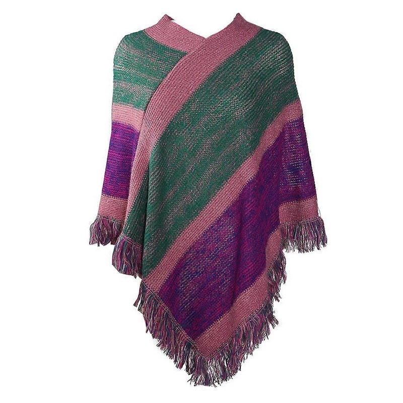 Women Ethnic Knit Poncho Cape Color Block Striped Tassels Pullover Sweater Shawl  Purple | Fruugo SG
