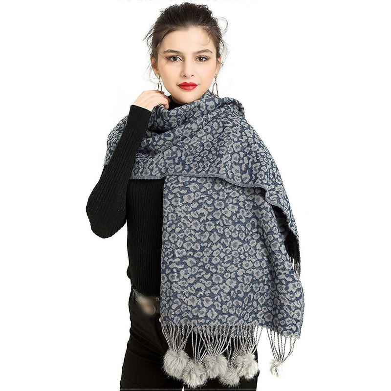 REEMONDE Womens Leopard Print Cashmere Blend Super Soft Large Pashmina Shawl Wrap Scarf With Faux Fur Ball Fringes | Fruugo SG