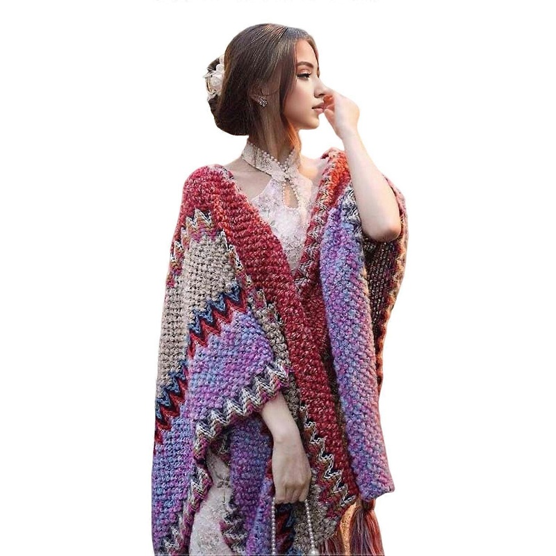 Women Knitting Shawl Ethnic Style Patchwork Color Cloak with Fridge Decor Draping Shawl Cocktail | Fruugo SG