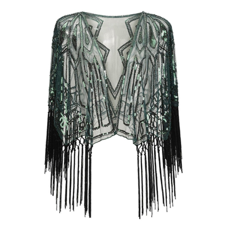 1920s Sequined Fringe Cloak Vintage Women’s Shoulder Shawl Elegant Party Cover Up For Wedding Parties & Evening Gowns  Dark green | Fruugo SG