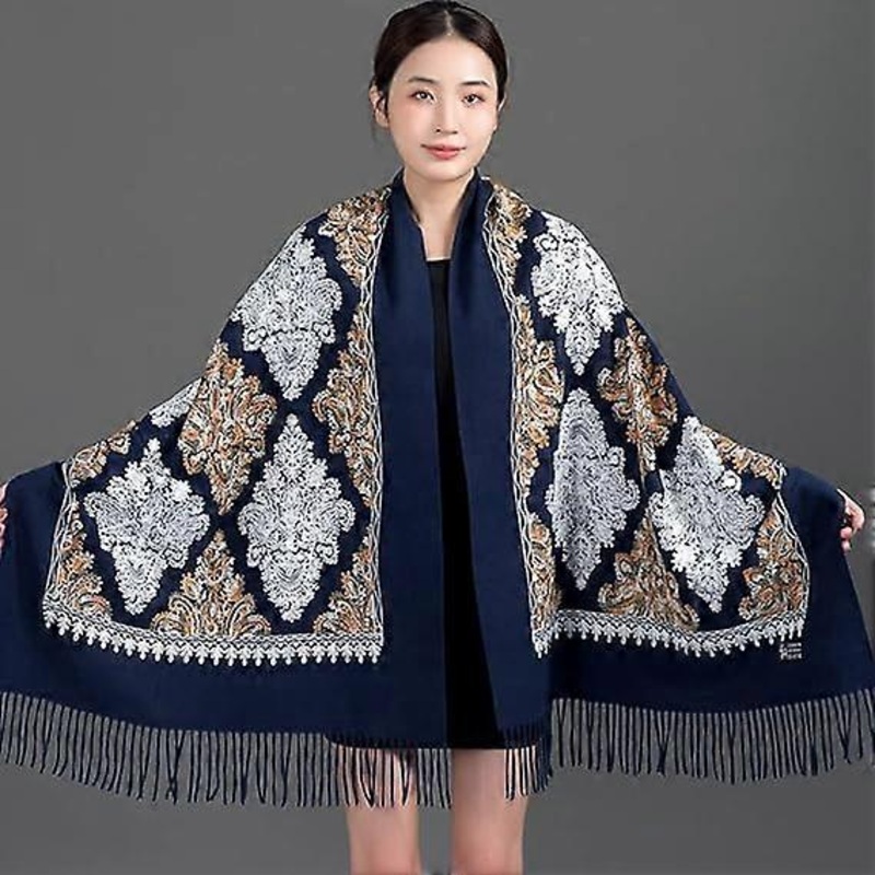 Women’s fall and winter cold scarf retro navy blue diamond geometric totem embroidery ethnic style luxury warm soft cashmere touch scarf shawl | Fruugo SG