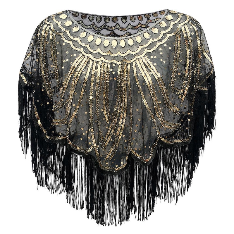 Women’s Vintage Styled Shoulder Wrap Evening Sequined Shawl with Decorative Sequins And Elegant Fringe Designing  black gold | Fruugo SG