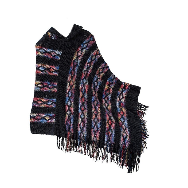 Colorful Striped Hooded Knit Ponchos Capes with Fringes Tassels for Women Winter Warmth Pullover Shawl Wrap Sweater  Black | Fruugo SG