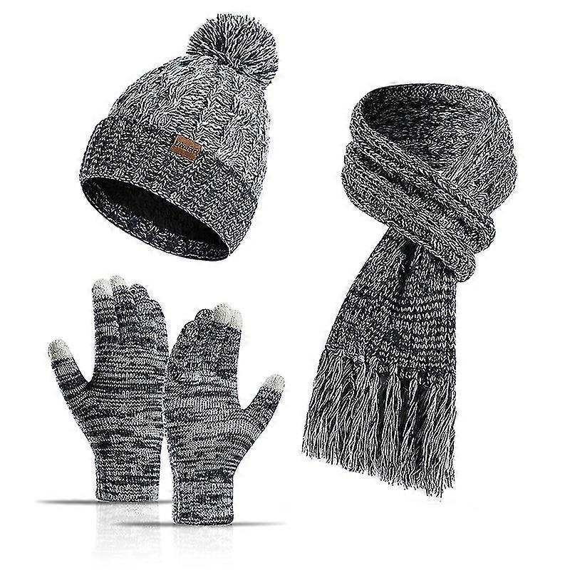 Autumn And Winter New Knitted Wool Coloured Hat Thickened Scarf Touch Screen Gloves Three Pieces Set | Fruugo SG