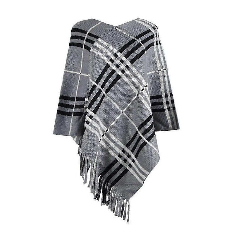 Autumn Winter Plaid Pullover Shawl V-Neck Blouse Knitting Poncho with Tassel for Lady | Fruugo SG