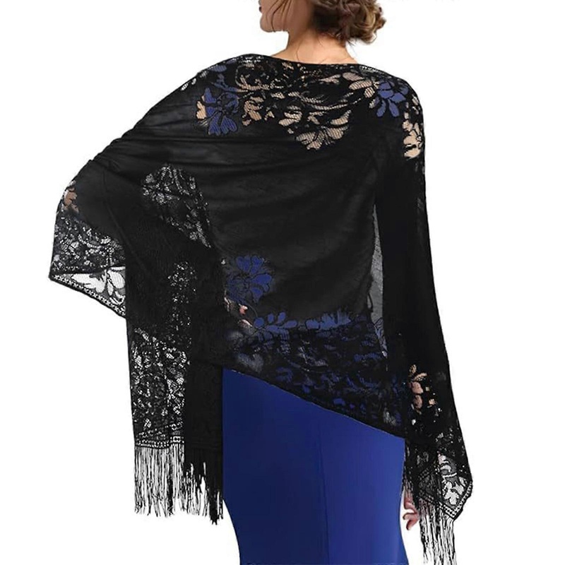 Long Lace Shawl Hollowed Shoulder Wrap Scarf Shawl With Tassels Designs Flower Pattern Shawl For Casual Formal Outfit  Black | Fruugo SG