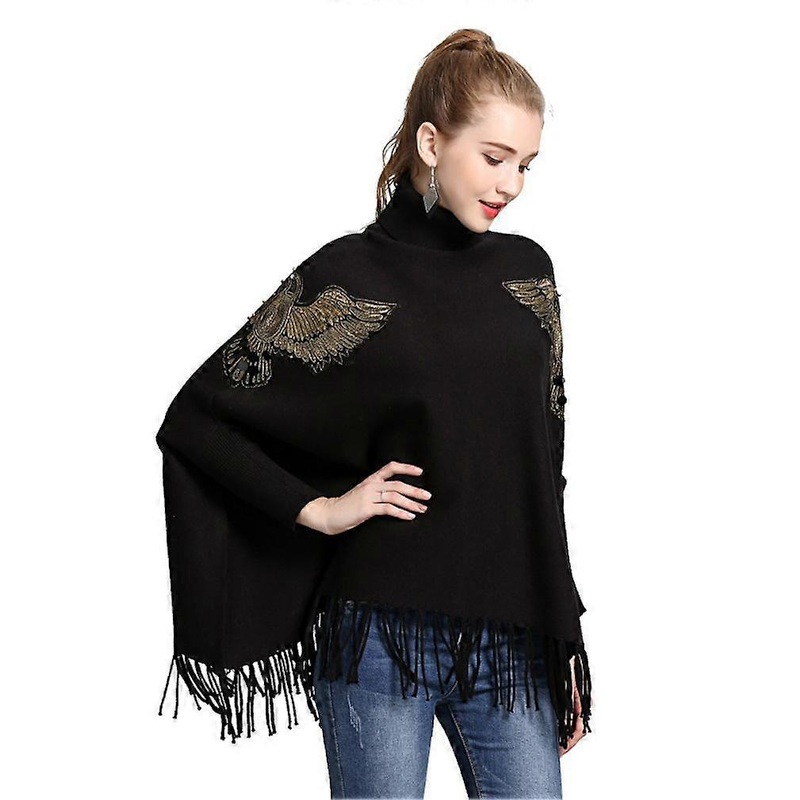 Loose Turtleneck Pullover Wrap Shawl Warm Batwing Blouse with Tassel Knitting Cape for Lady | Fruugo SG