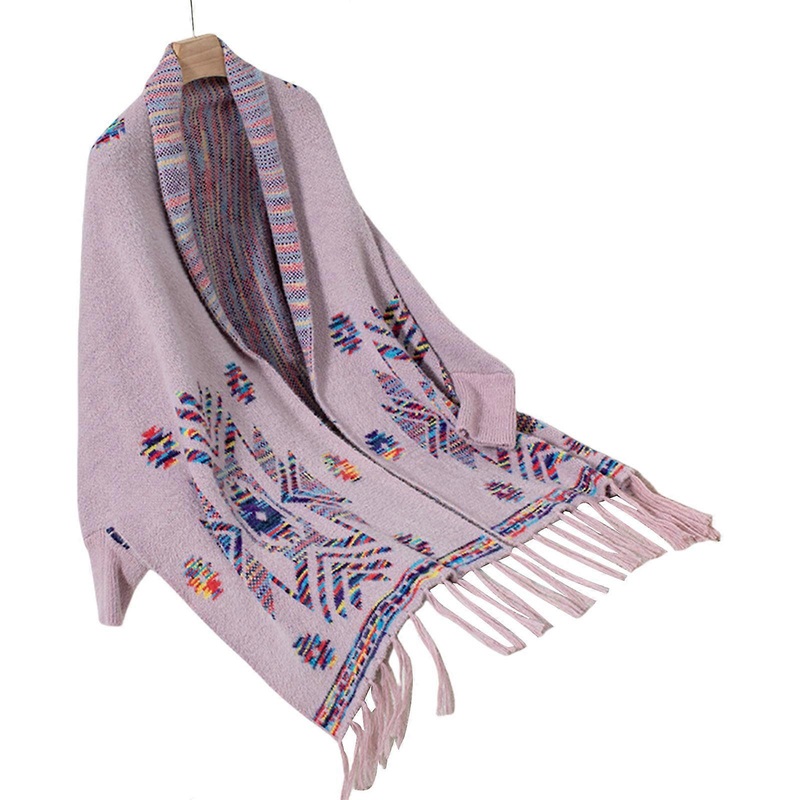 Ethnic Knit Geometric Pattern Cardigan Women Batwing Sleeve Loose Open Front Sweater Vintage Tassels Ponchos Shrug Shawl  Pink | Fruugo SG