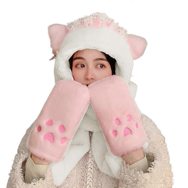 Winter Warm Winter Hat Scarf Gloves Set For Girl Bear Ear Hat Scarf Girl Fashion Cute Cartoon Mink-like Cap Girl Winter  White | Fruugo SG