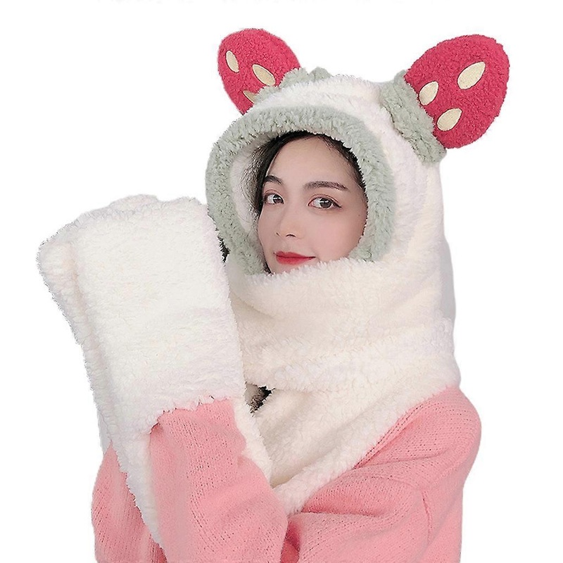 Women Cartoon Strawberry Ears 3 In 1 Plush Hooded Scarf Hat Gloves Set Winter Warm Windproof Earflap Cap Pocket Mittens  White | Fruugo SG