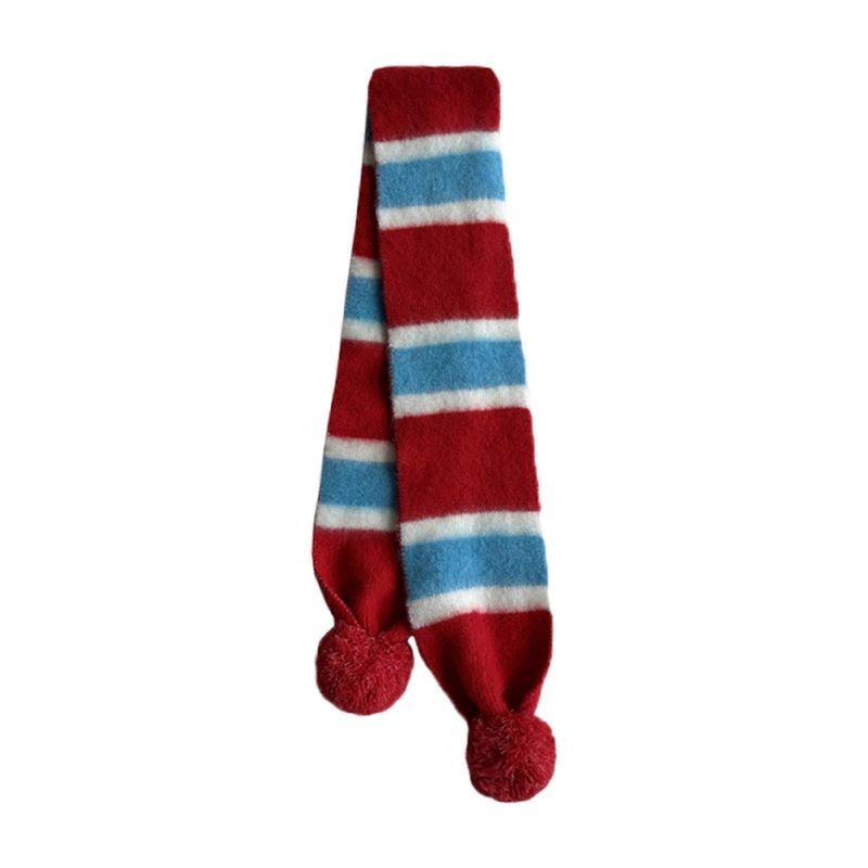 Women Scarf Striped Small Warm Collar Knitted Neck Warmer Neckerchief Collar Autumn Winter Neck Scarf Pompoms  Red | Fruugo SG