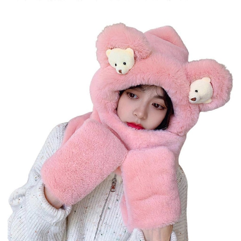 Windproof Scarf One Piece Scarf Winter Hat Scarf Gloves Set For Girl Bear Ear Hat Scarf Warm Ear for Protection Three Pi  Pink | Fruugo SG