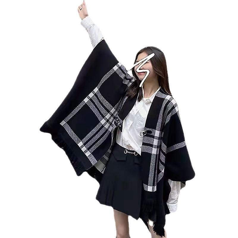Autumn And Winter New Knitted Plaid Cape Women’s Coat Loose And Lazy Style Large Kerchief Double-sided Wear Shawl Women’s Fashion | Fruugo SG