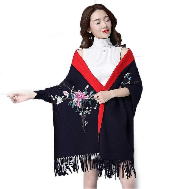 Black Firnged Hem Shawl Wrap with Flower Embroidery Long Sleeve Cardigan Loose Cape for Lady | Fruugo SG