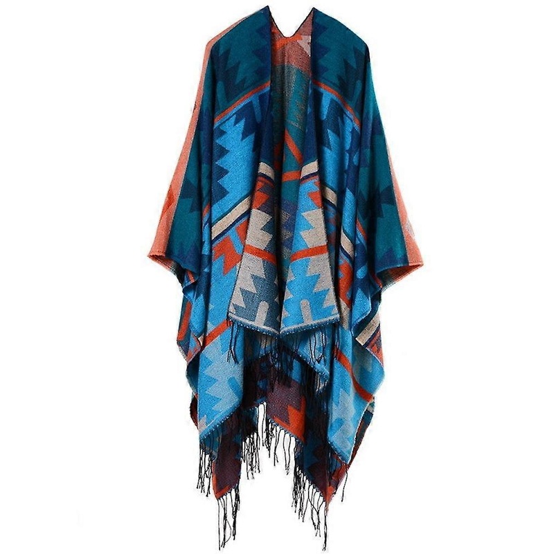 Fringed Hem Poncho with Geometric Pattern Thicken Shawl Wrap Open Front Long Winter Sweater Coat for Lady | Fruugo SG