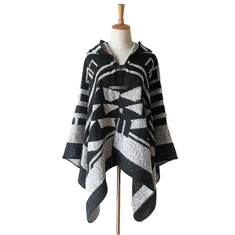 Geometric Hoodie Cape Loose Shawls Open Front Poncho with Botton for Lady | Fruugo SG