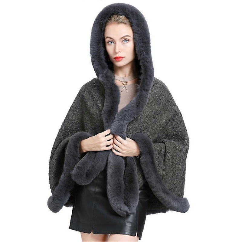 Grey Loose Hoodie Blanket Shawls with Faux Fur Trimming Colloar Warm Cardigant for Lady | Fruugo SG