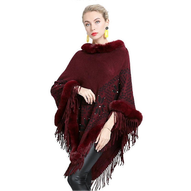 Loose Jacquard Pullover Wrap Shawl with Faux Fur Trimming Loose Blanket with Tassel for Lady | Fruugo SG