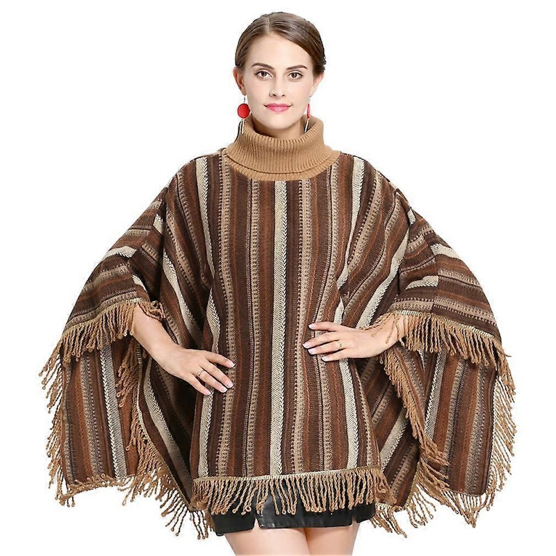 Loose Turtleneck Pullover Wrap Shawl with Tassel Warm Knitting Cape with Stripe Pattern for Lady | Fruugo SG