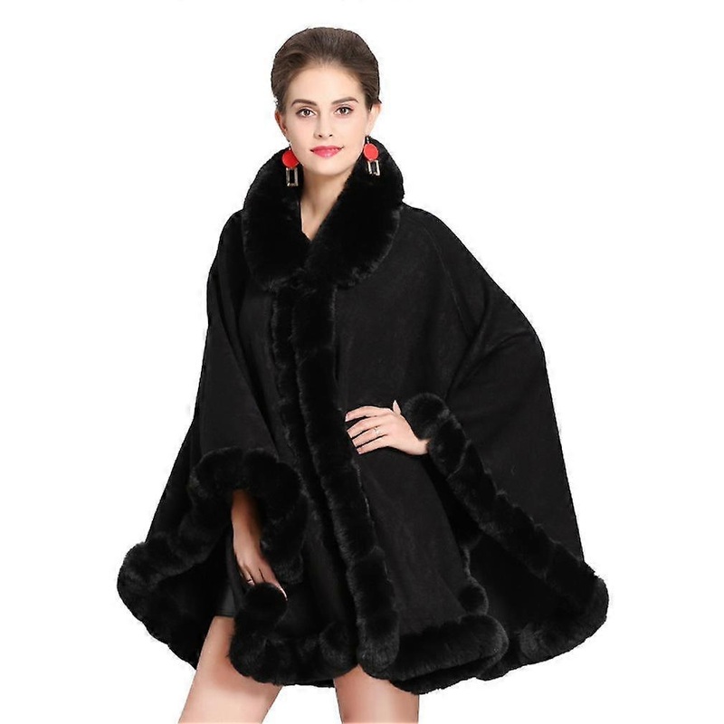 Oversized Black Wraps Shawls Winter Warm Cardigan with Faux Fur Trimming Knitting Winter Coat for Lady | Fruugo SG