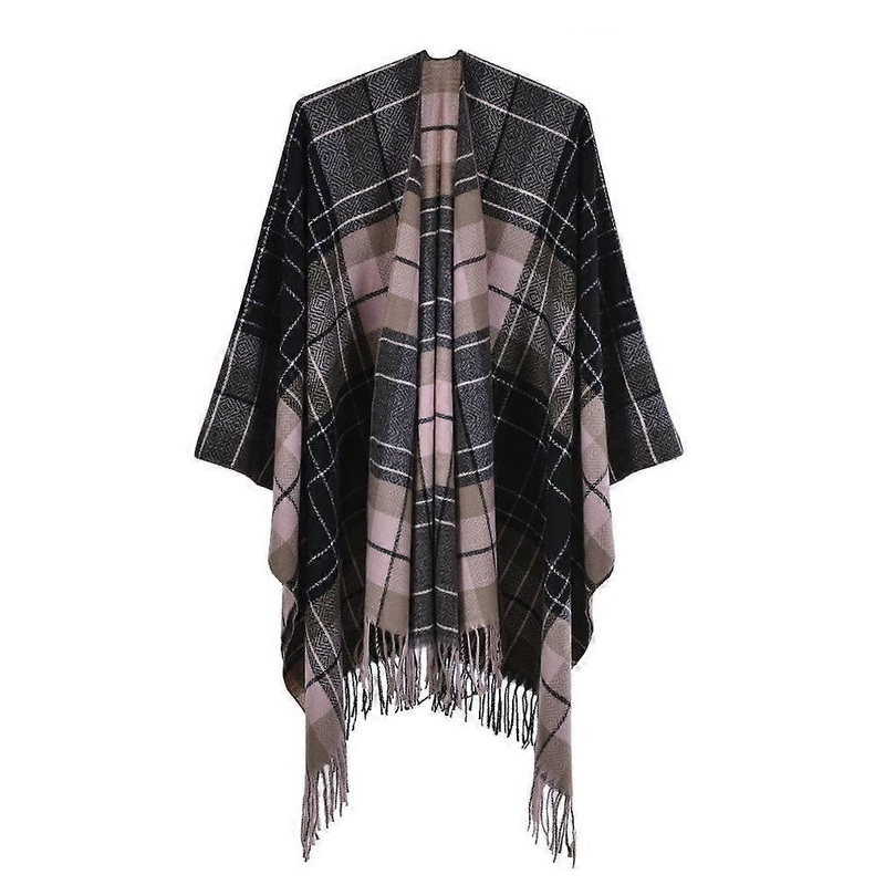 Plaid Fringed Hem Pashmina Shawl Wrap Thicken Warm Poncho Open Front Cape for Lady | Fruugo SG