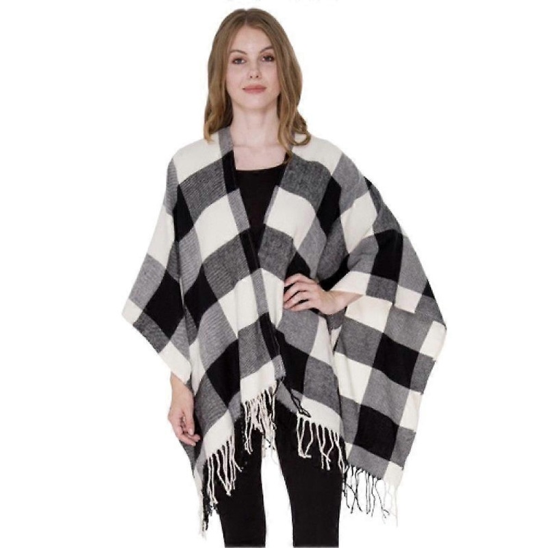 Plaid Poncho Warm Shawl Wrap with Tassel Open Front Cardigant for Lady | Fruugo SG
