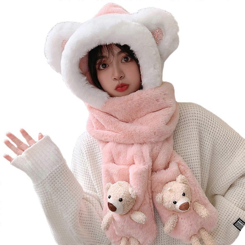 Plush Bear Hooded Scarf Mittens Women Winter Warm Cute 3-in-1 Hat Thick Long Scarf Gloves for Xmas Birthday Gifts Girls  Pink | Fruugo SG