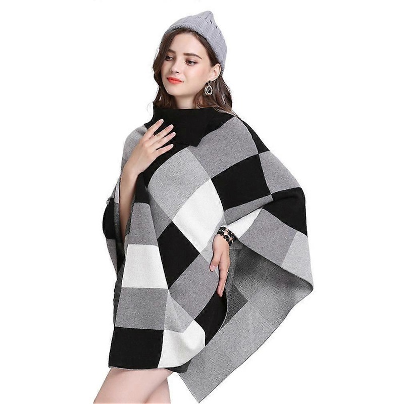 Warm Turn-Down Collar Pullover Cape Mid-Long Plaid Shawls for Lady | Fruugo SG