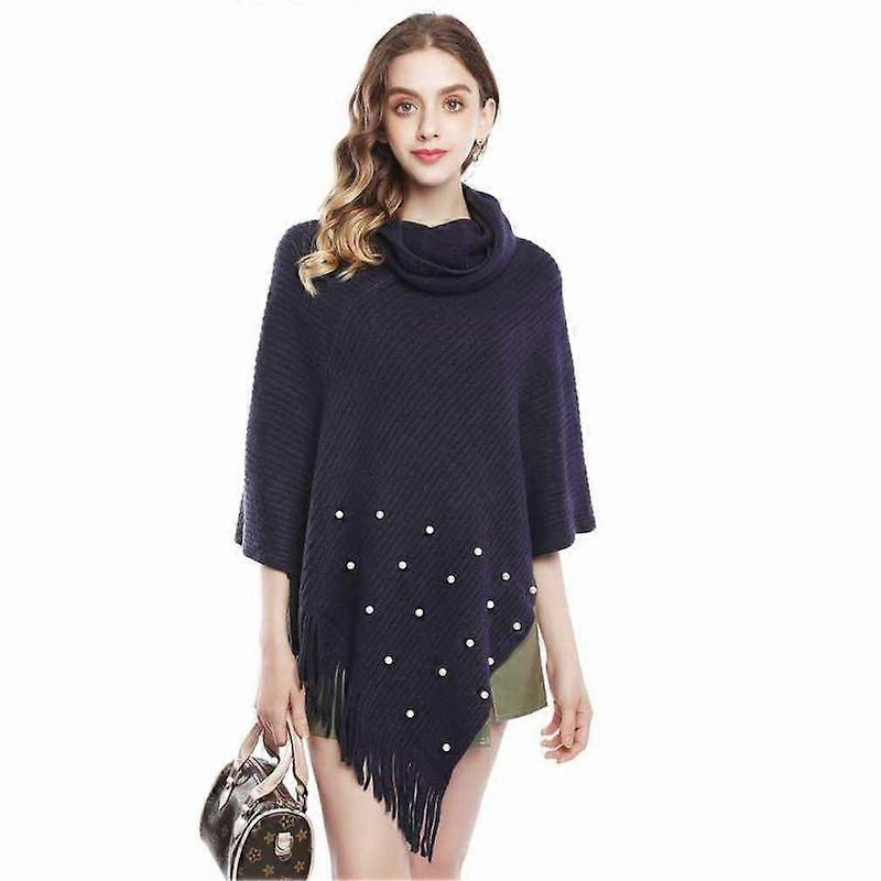Warm Turtleneck Pullover Shawl Knitting Poncho with Tassel for Lady | Fruugo SG