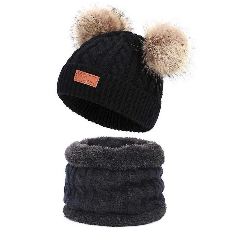 Toddler Hat Color Winter Double Pom Pom Knitted Cap and the same color scarf | Fruugo SG