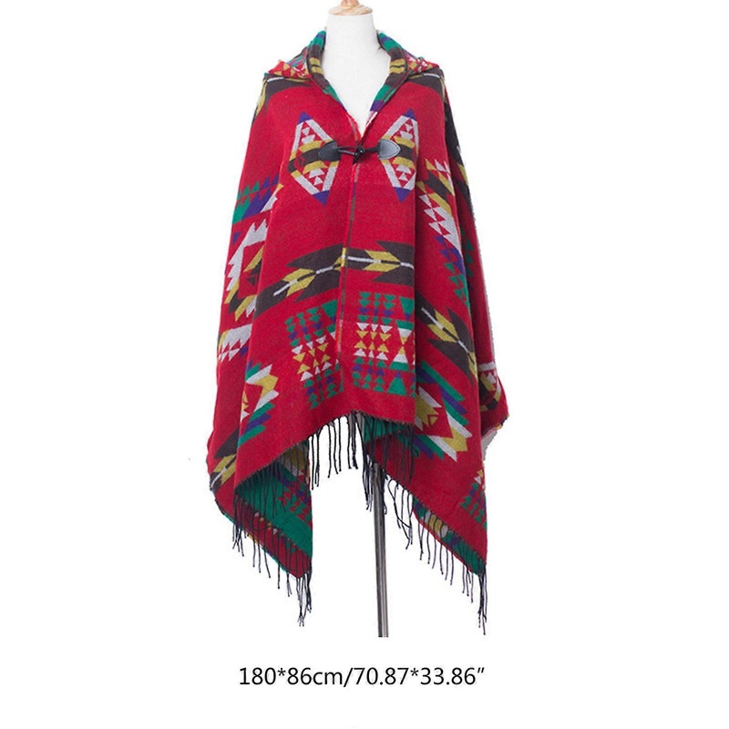 Women Bohemian Ethnic Hooded Poncho Fringe Tassels Shawl Cape Colorful Geometric Patterns Loose Cloak Scarf Vintage Sweater Cardigan with Horn Button | Fruugo SG