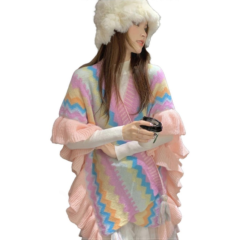 Ethnic Style Shawl Retro Colorful Stripes Print Tassel Ends Ruffle Trim Knitting Cape Travel | Fruugo SG