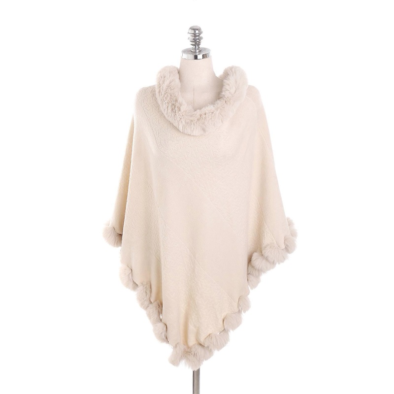 Women Woolen Faux Rabbit Fur Poncho Pullover Wrap Stole Shawl with Fur Trim | Fruugo SG
