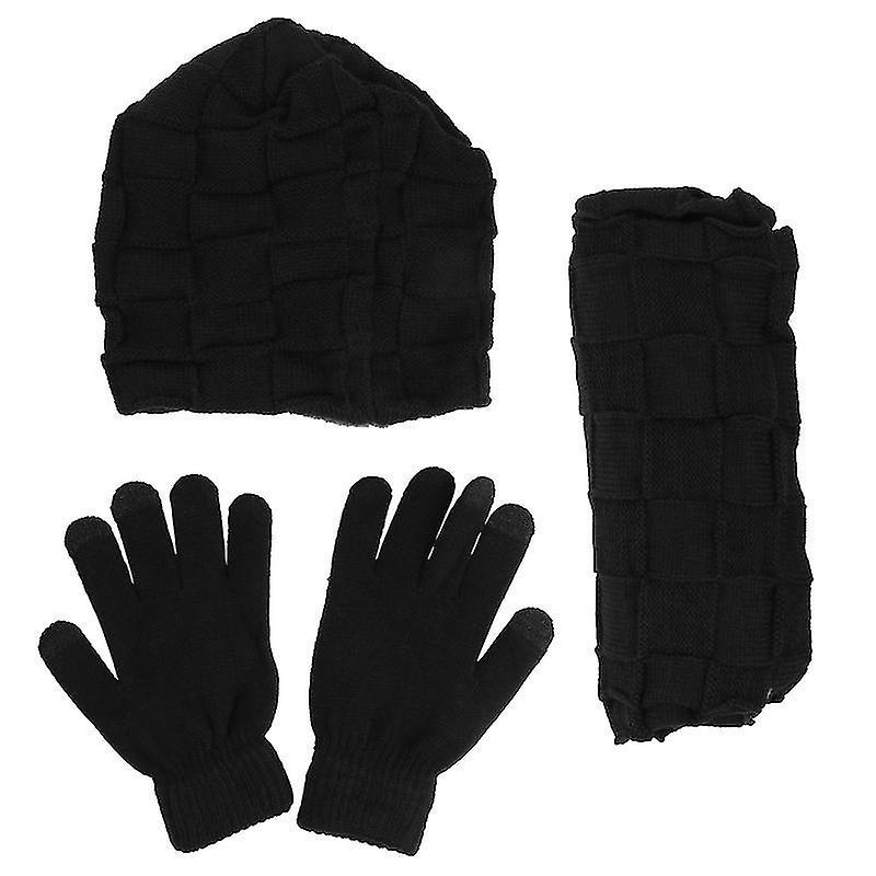 Adult Black Scarves & Shawls Stretch Hat Scarf And Mittens Set Men’s Knitted Beanie For Winter And F | Fruugo SG