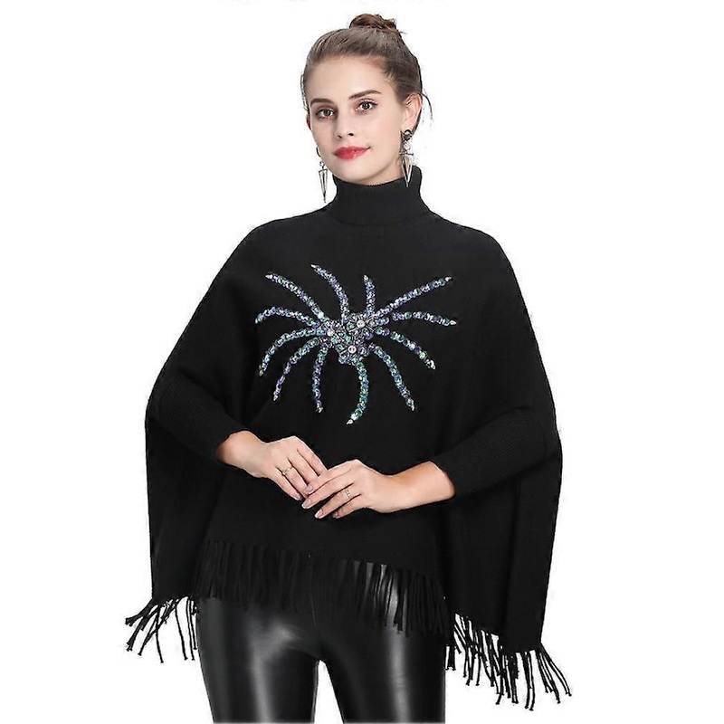 Black Sequined Loose Turtleneck Pullover Wrap Shawl Batwing Blouse with Tassel Knitting Cape for Lady | Fruugo SG