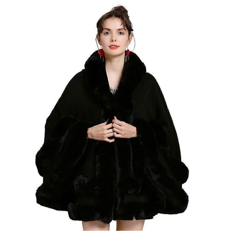 Black Wraps Shawls with Faux Fur Trimming Crochet Cape Long Sleeve Cardigan for Lady | Fruugo SG