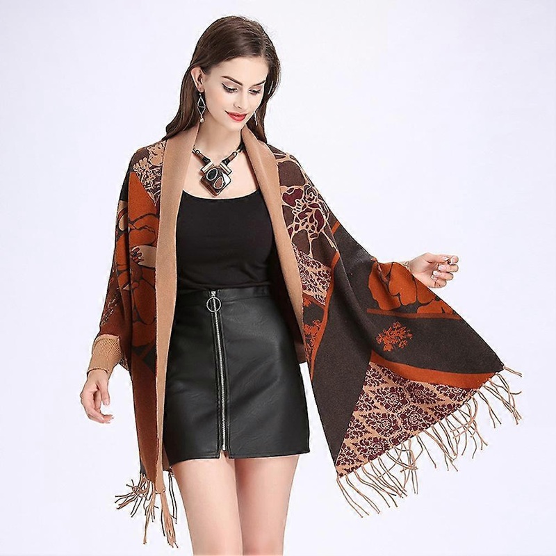 Flower Print Open Front Long Knitting Shawl and Wrap Poncho with Tassel for Lady | Fruugo SG