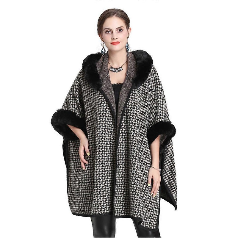 Houndstooth Hooded Warm Wraps Shawls with Faux Fur Trimmed Long Loose Cardigan for Lady | Fruugo SG